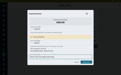Closing a shift and recording the counted cash and difference in Zitlin