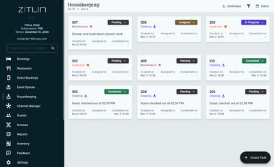 Zitlin housekeeping board showing room status and cleaning tasks