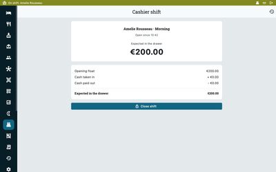 Cash drawer summary showing opening float, cash in, cash out and expected total in Zitlin