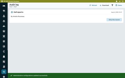 Hotel PMS audit log showing who did what and when