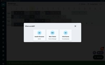 Staff sign-in picker showing who is on shift in Zitlin